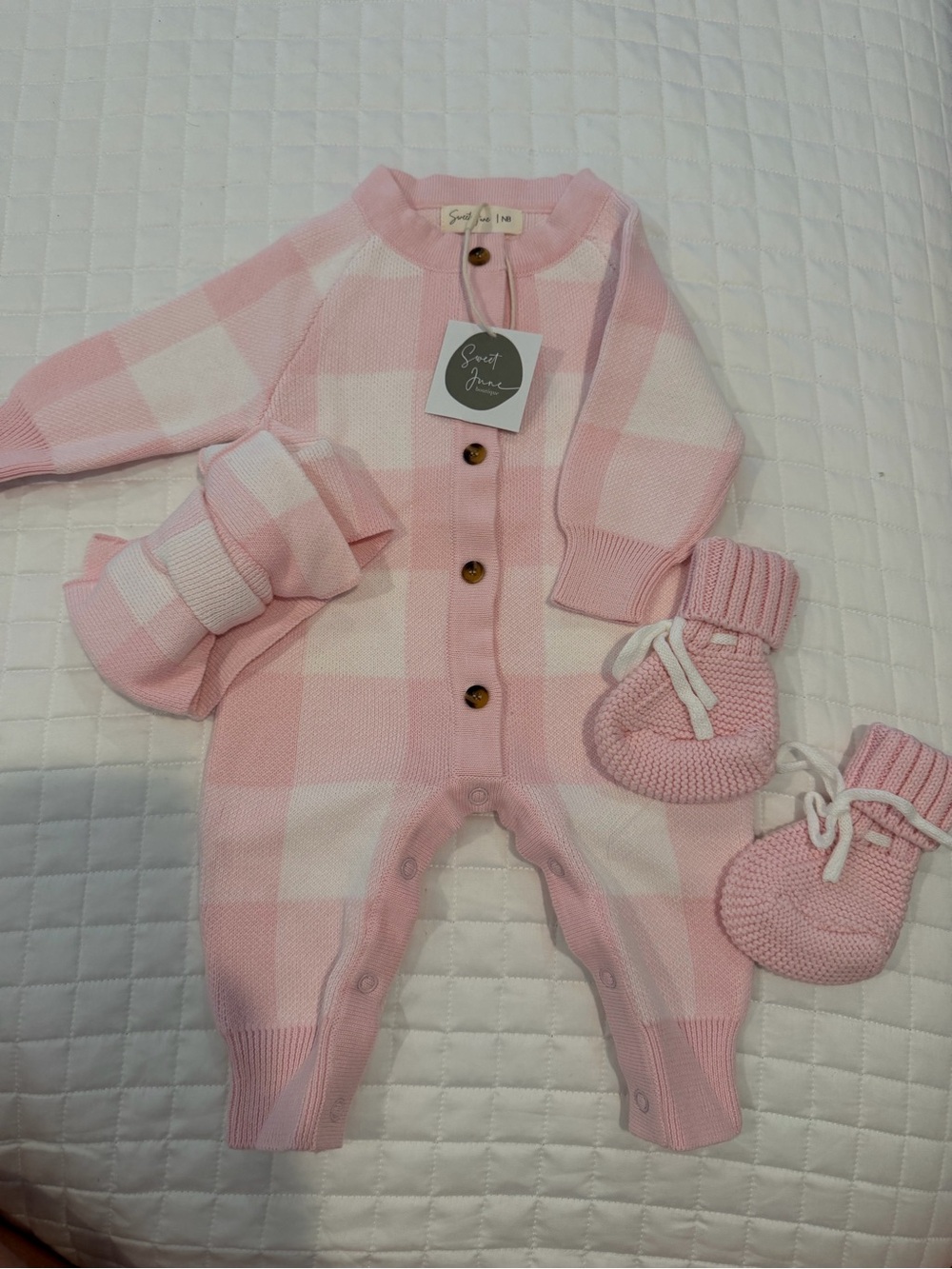 Newborn Gingham Sweet June Pink & White Knit Buffalo Check Onesie, booties & Bow